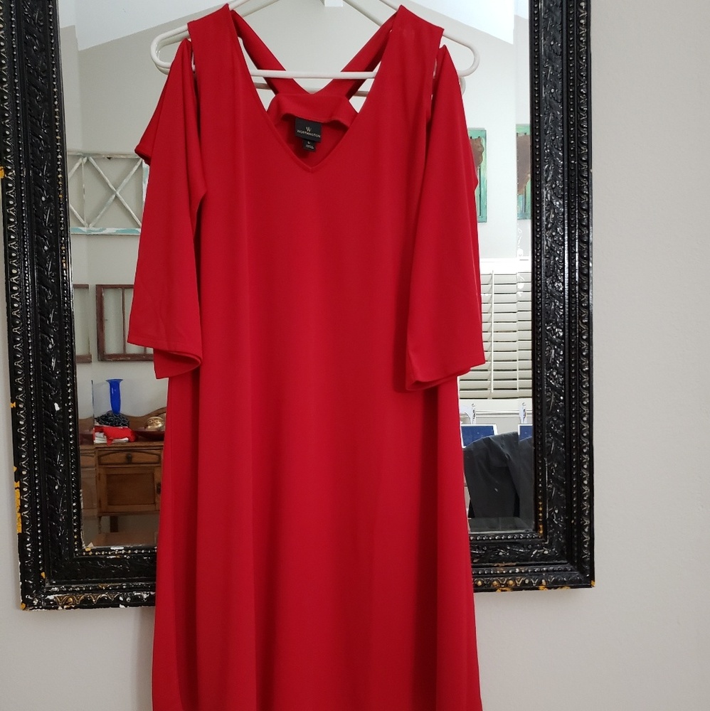 Red open shoulder dress